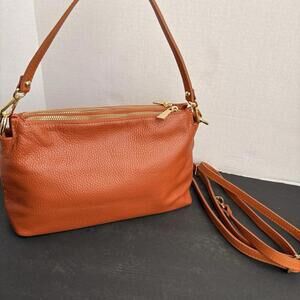 Valentina Italian Triple Entry Crossbody Bag Coral Orange Pebbled Leather